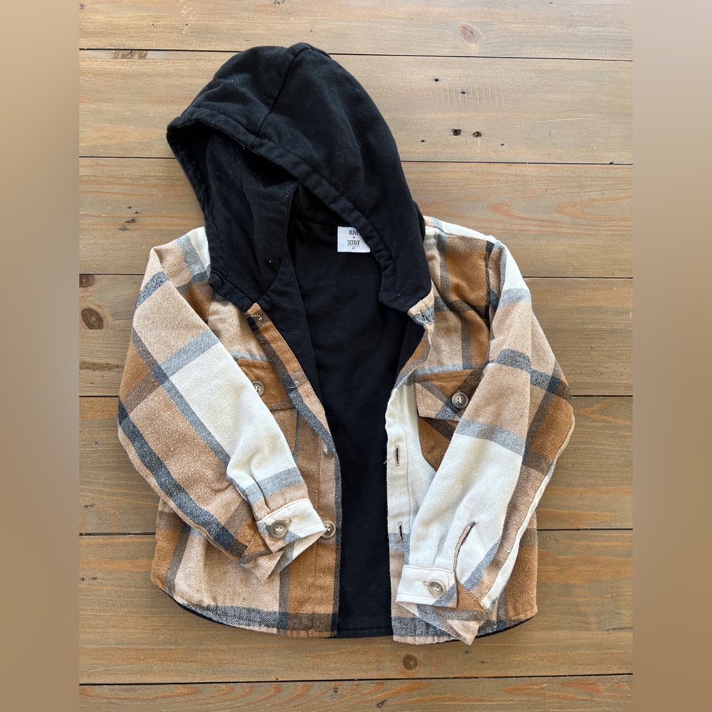Olive + Scout Plaid Hooded Button-Up Shirt Jacket in Camel and Black